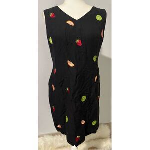 Jillian Jones black dress fruit embroidered print 8 linen blend very nice